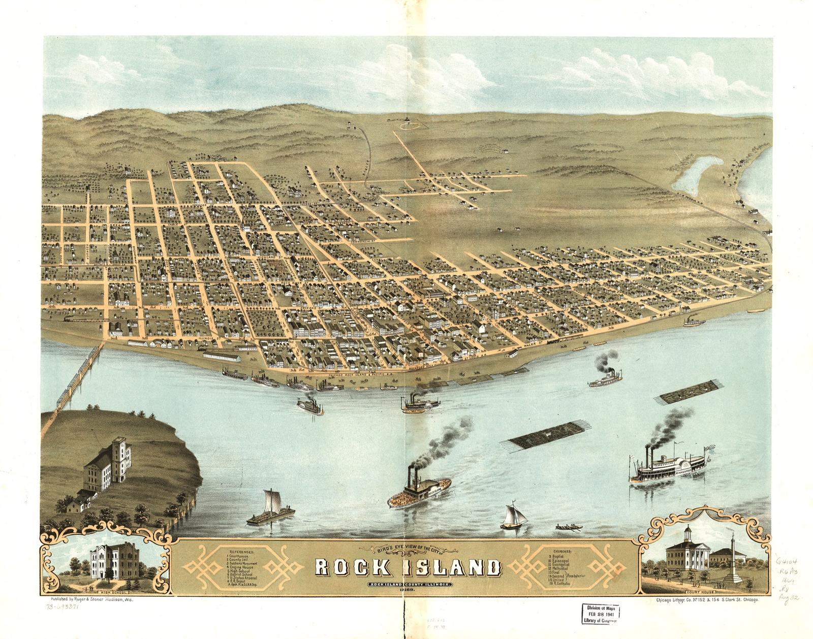 Bird's-eye lithograph of Rock Island, Illinois, in 1869 with the Mississippi River and bridges