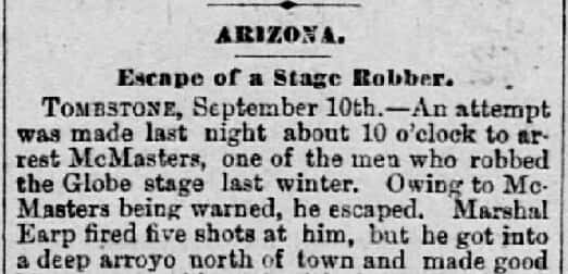 Newspaper item reporting Sherman McMasters wanted for stagecoach robbery