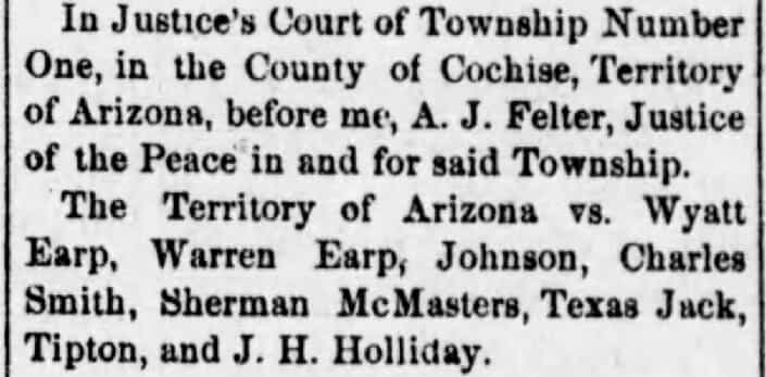 Tombstone Weekly Epitaph notice of the court complaint against the Earp posse
