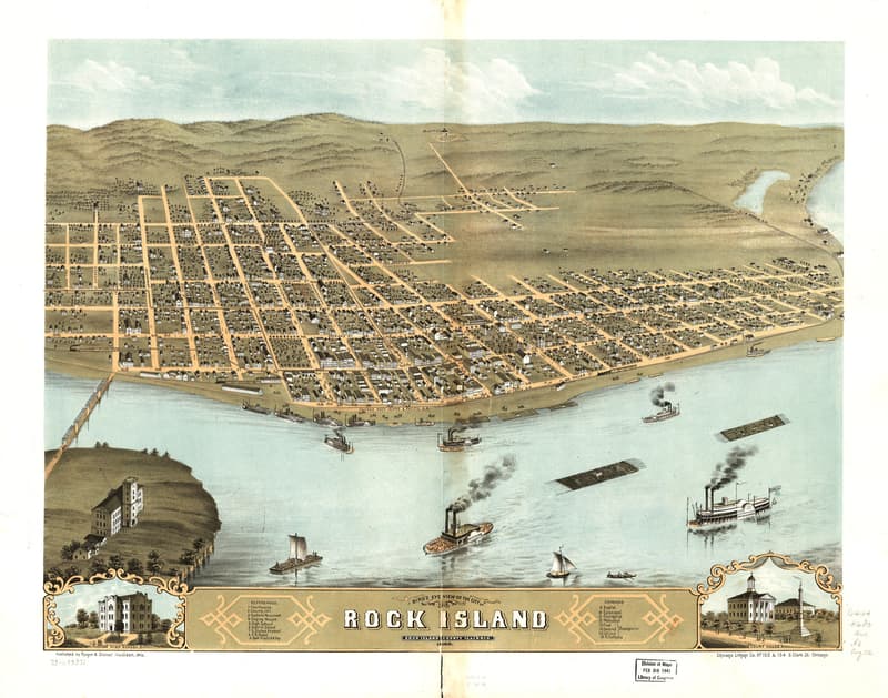 Bird's-eye lithograph of Rock Island, Illinois, in 1869 with the Mississippi River and bridges