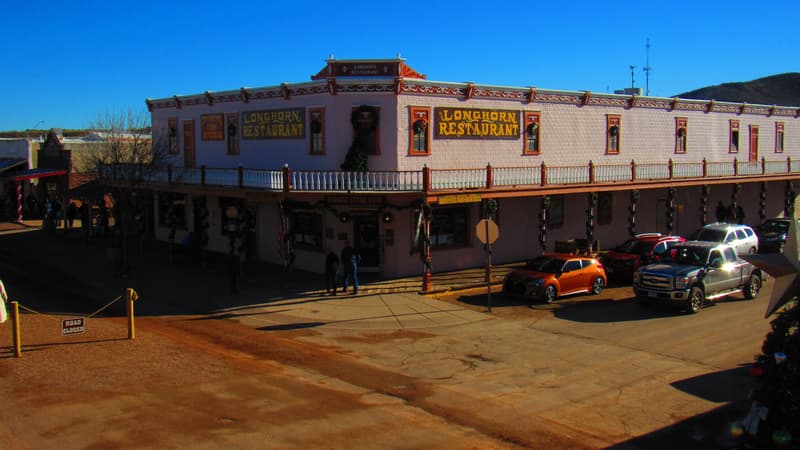 The Longhorn Restaurant on the corner of Fifth and Allen Street in Tombstone, decorated with Christmas garlands