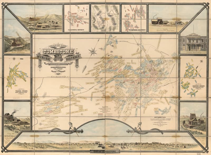 Hand-colored 1881 map of the Tombstone Mining District with claim outlines and vignettes of mills, hoisting works and the town