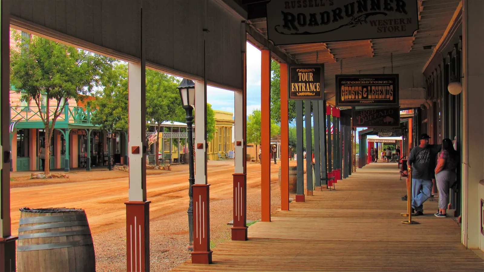 Covered boardwalk along Allen Street, Tombstone, looking toward the shops